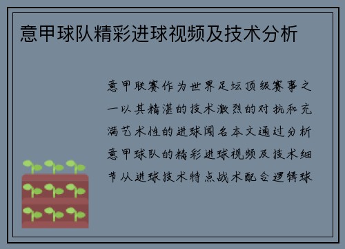 意甲球队精彩进球视频及技术分析
